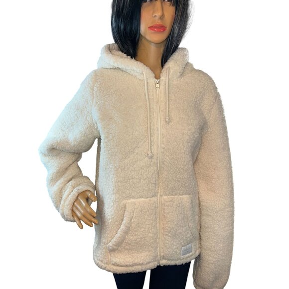Hollister Womens Large Sherpa Hoodie Jacket Full Zip Ivory Cozy Winter Wear - Picture 2 of 9